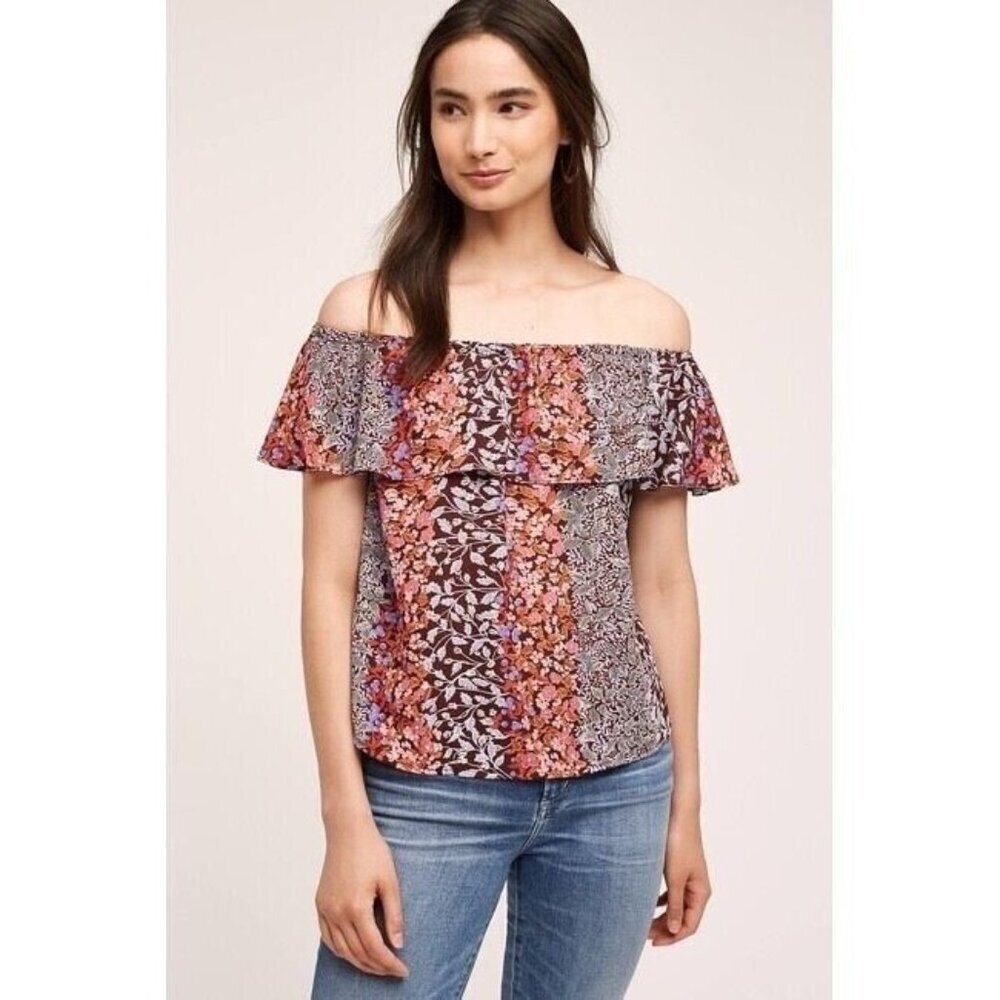 Maeve Anthropologie XS Vallitta Off The Shoulder Blouse Pink Purple Floral